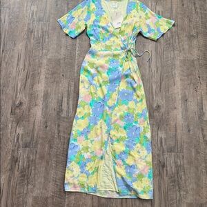 NWT SABO-Yellow Floral Wrap Maxi Dress with Flutter Short Sleeves-Size M/6